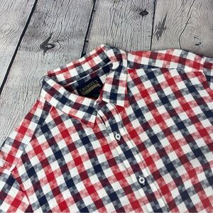 Cremieux Premium Denim Shirt Men’s Large Red Blue Check Abstract‎ Long Sleeve